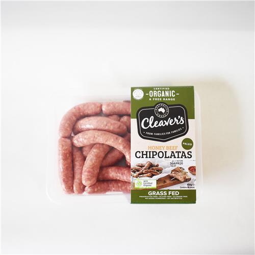 Cleavers Organic Paleo Honey Beef Chipolata 450g (D) All About Organics Online